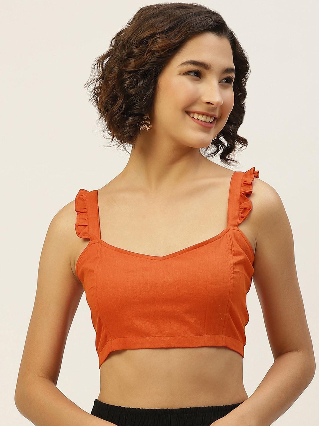 molcha-women-rust-orange-solid-pure-cotton-saree-blouse