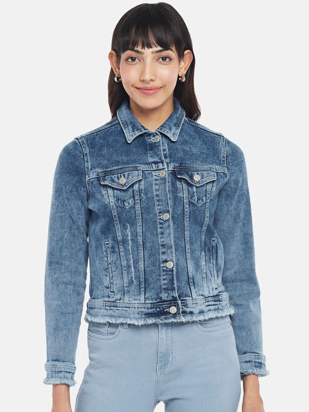 People Women Blue Washed Denim Jacket with Embroidered
