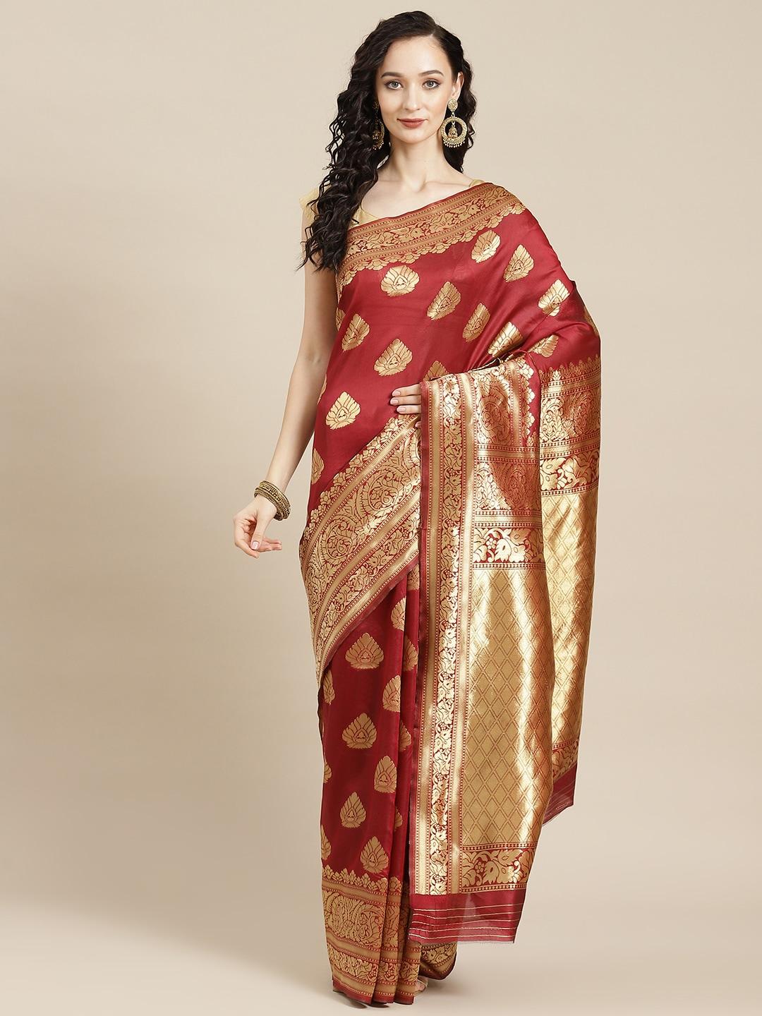 Ishin Maroon & Golden Ethnic Motifs Woven Design Zari Art Silk Banarasi Saree with Blouse