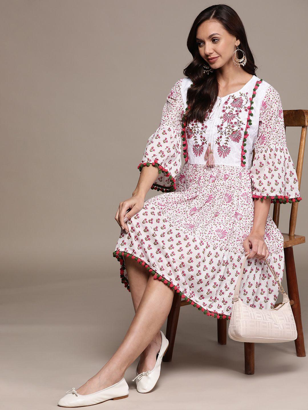 Ishin White & Pink Floral Embroidered Tie-Up Neck A-Line Dress