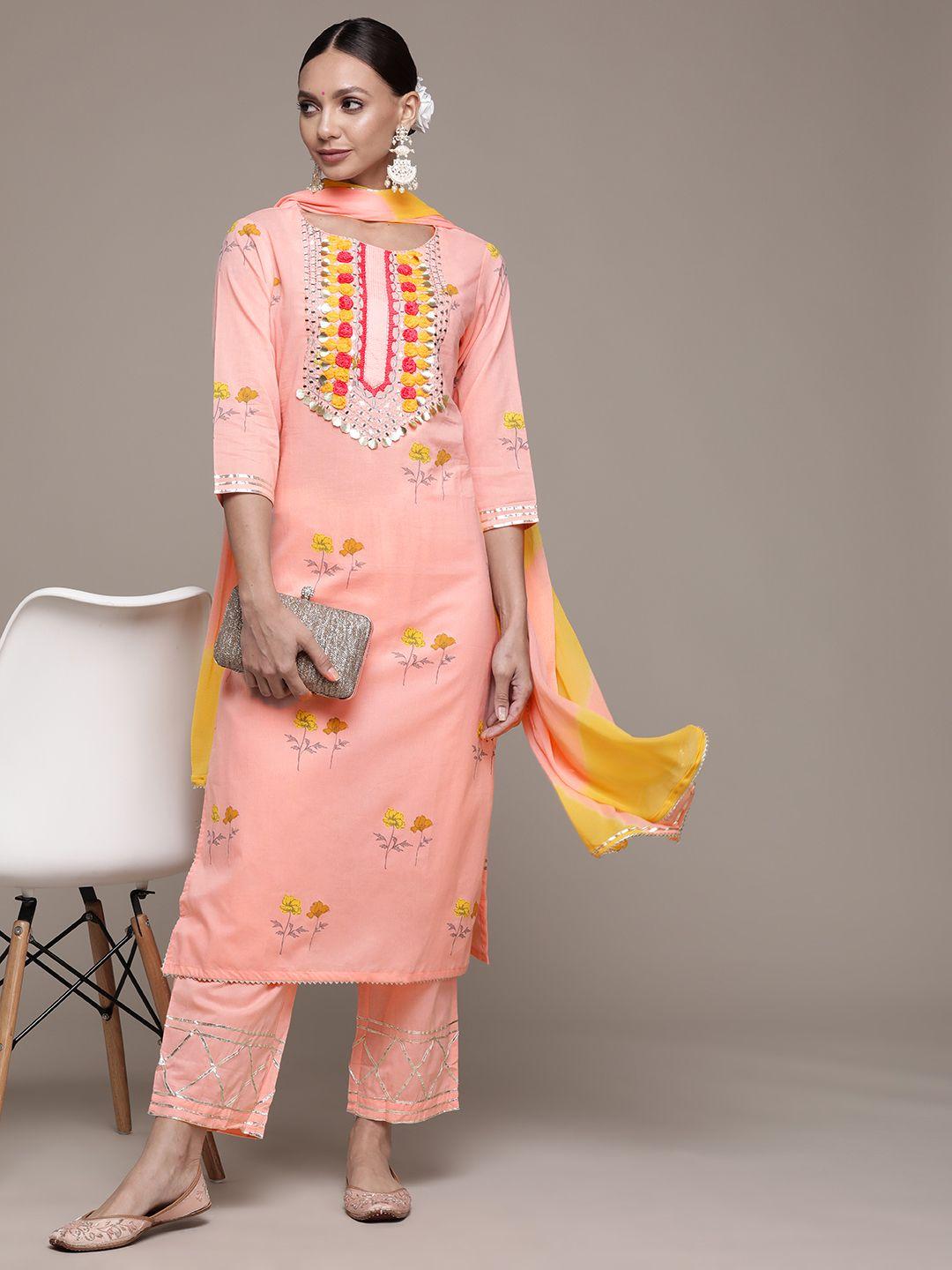 Ishin Women Pink Floral Yoke Design Mirror Work Pure Cotton Kurta with Trousers &  Dupatta