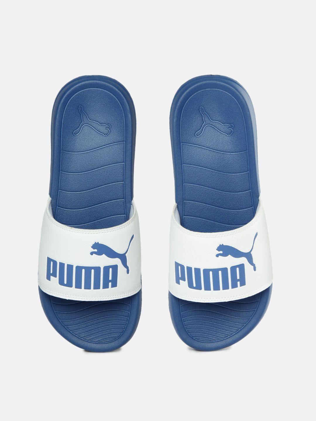 Puma Unisex White & Blue Brand Logo Printed Sliders