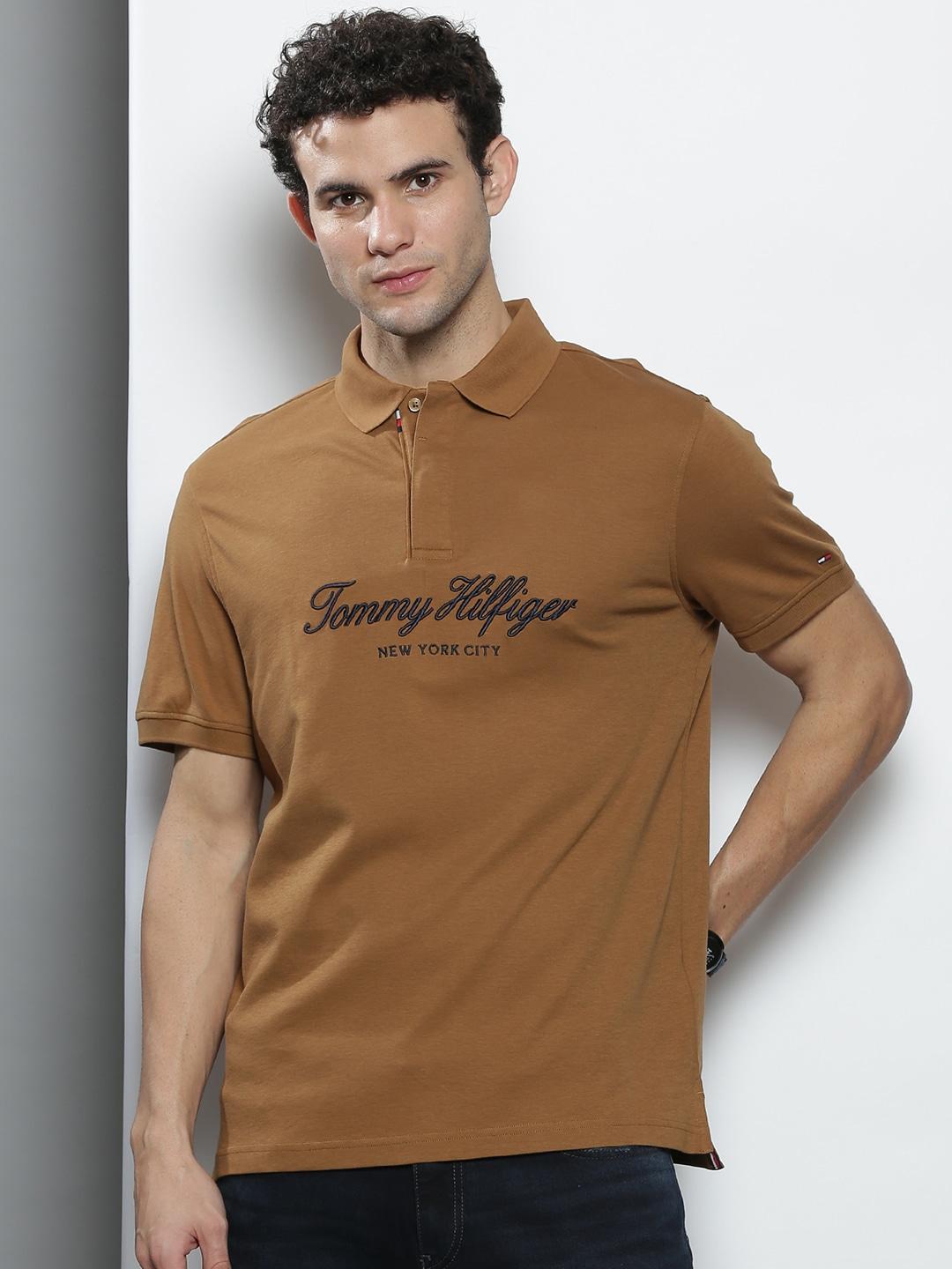 Tommy Hilfiger Men Camel Brown & Navy Blue Brand Logo Print Cotton Polo Collar T-shirt