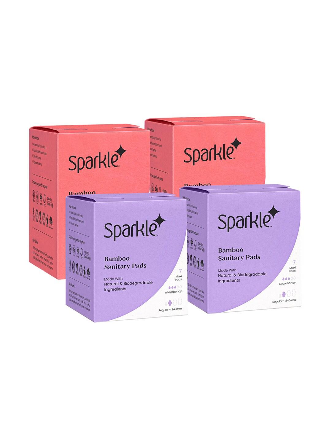 Sparkle Pack of 4 Bamboo Sanitary Pads- Regular 240mm & Overnight 280mm-2 Pack Each
