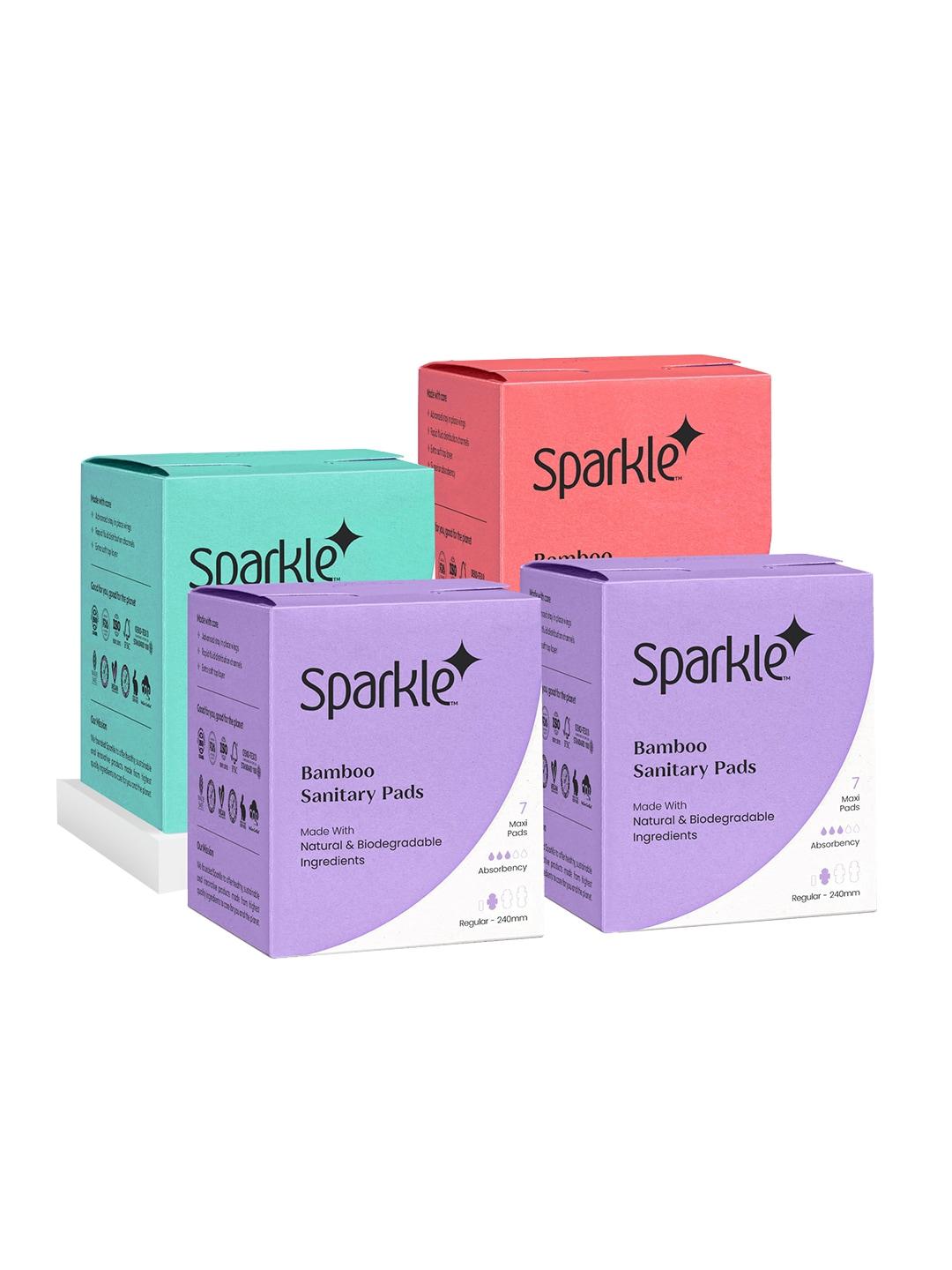 Sparkle Pack of 4 Bamboo Sanitary Pads- Regular 240mm, Large 280mm & Overnight 320mm