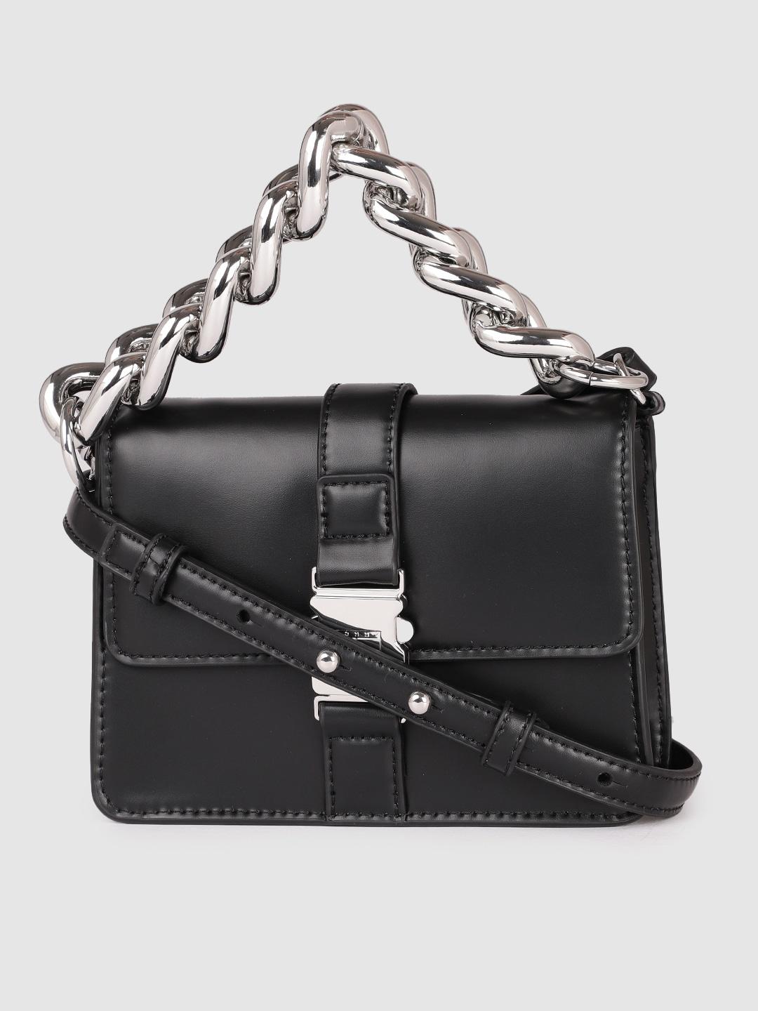 Tommy Hilfiger Black Solid Item Chain Structured Handheld Bag