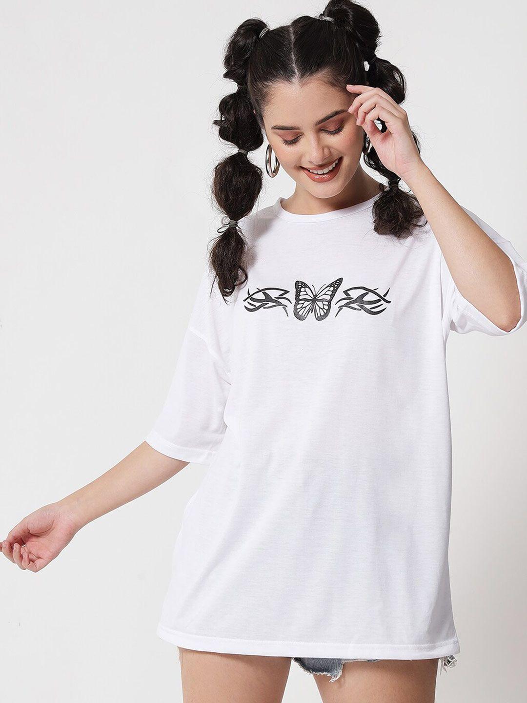 Kotty Women White Typography Printed Oversized T-shirt