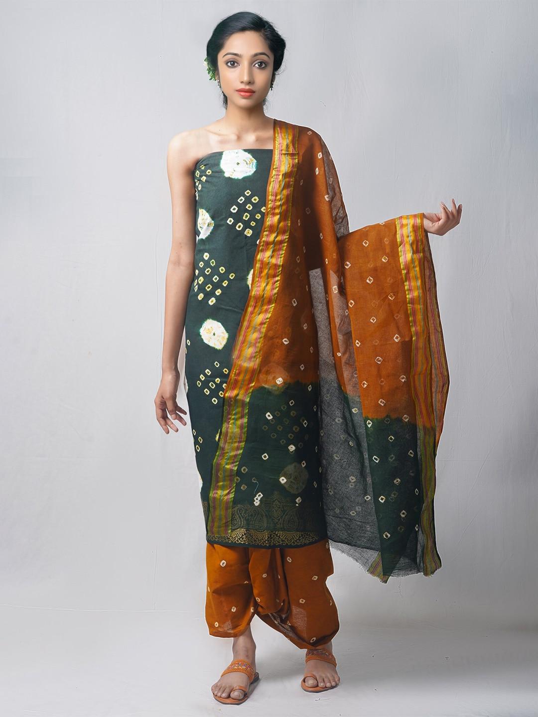 Unnati Silks Green & Orange Dyed Pure Cotton Unstitched Dress Material