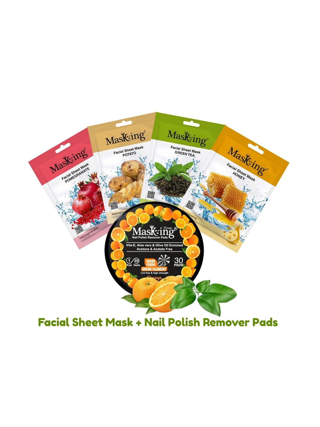 MasKing Pack Of 5 Bamboo Facial Sheet Mask For Oil Control & Nail Polish Remover Wipes
