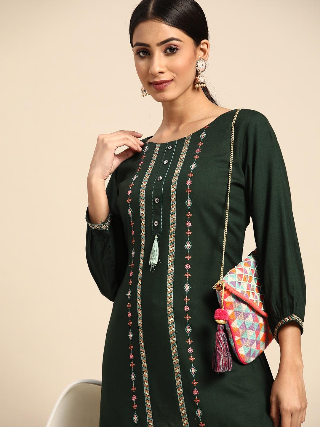 Sangria Green Ethnic Motifs Embroidered Top