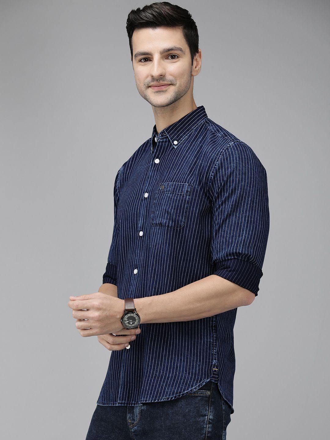 THE BEAR HOUSE Men Navy Blue Pure Cotton Striped Slim Fit Casual Shirt