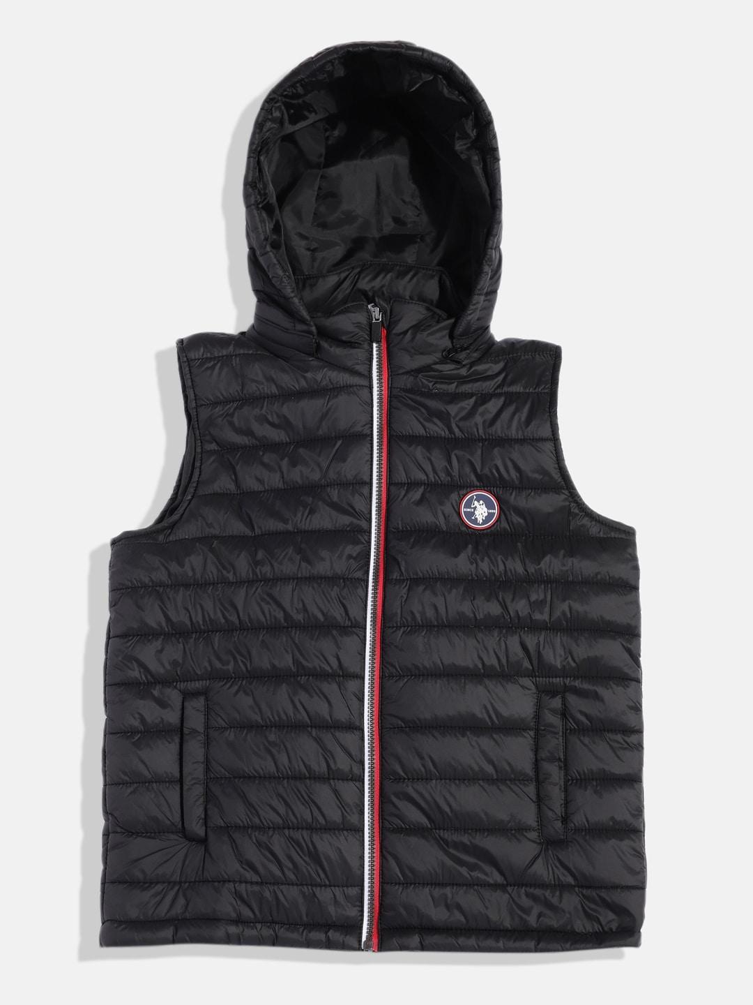 U.S. Polo Assn. Kids Boys Solid Hooded Gilet Puffer Jacket With Brand Logo Applique Detail