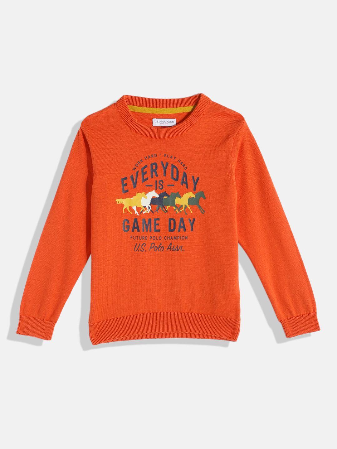 U.S. Polo Assn. Kids Boys Orange Typography Printed Pure Cotton Pullover