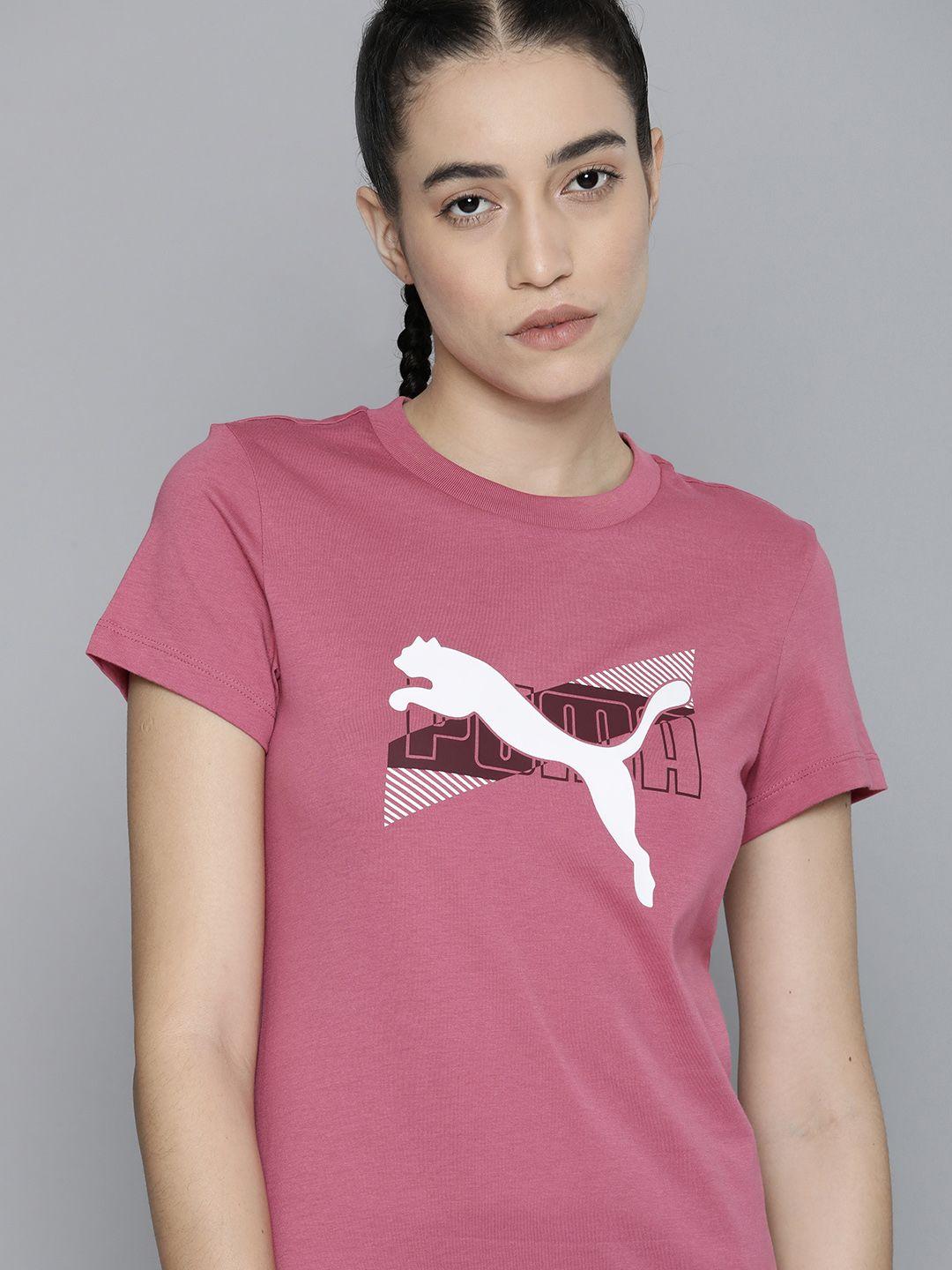 Puma Women Mauve Pink Power Graphic Brand Logo Print Pure Cotton Knitted T-Shirt