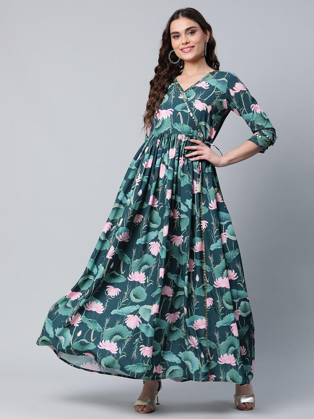 Ahalyaa Green Tropical Printed Crepe Ethnic Maxi Dress