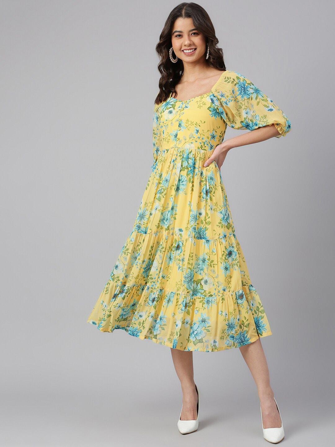 janasya-women-yellow-georgette-floral-print-flared-western-dress