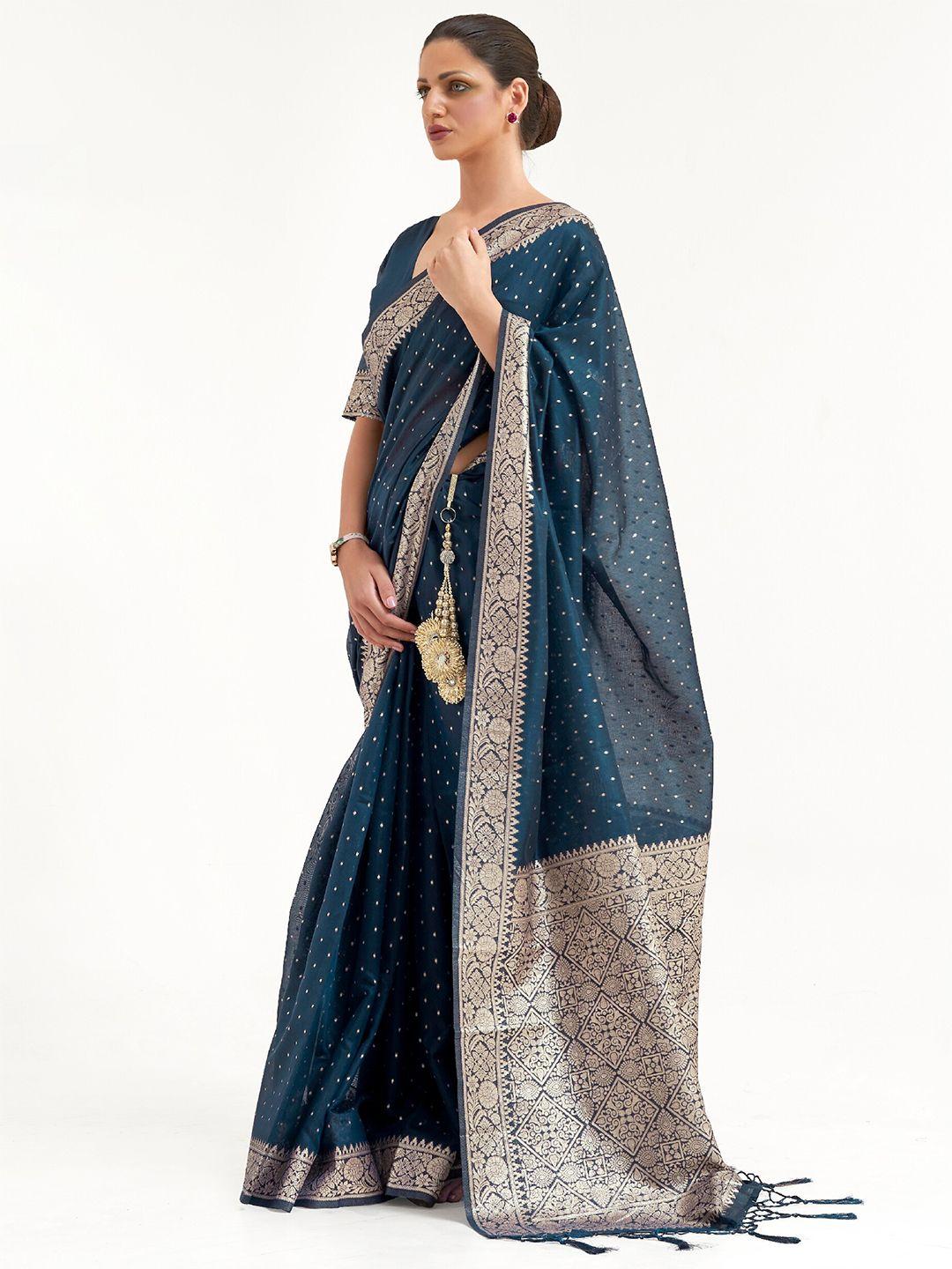 Mitera Navy Blue & Gold-Toned Zari Silk Blend Banarasi Saree