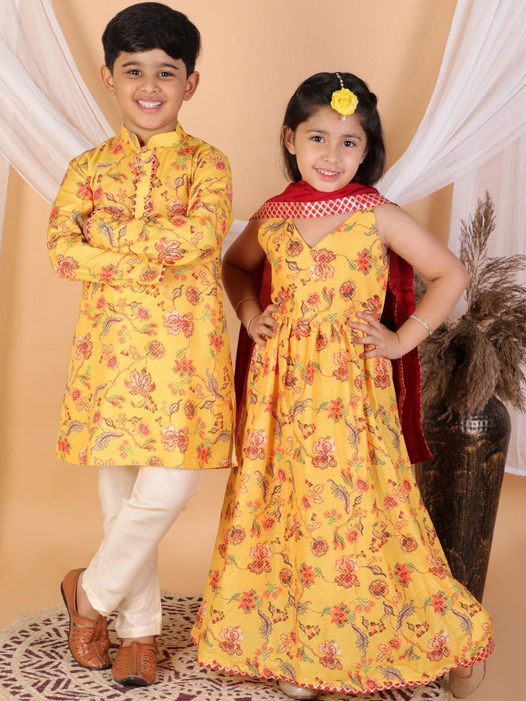 vastramay-boys-mustard-yellow-floral-printed-kurta-with-pyjamas