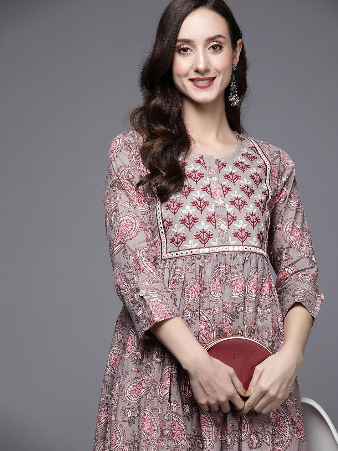 indo-era-grey-&-pink-printed-flared-a-line-midi-ethnic-dresses
