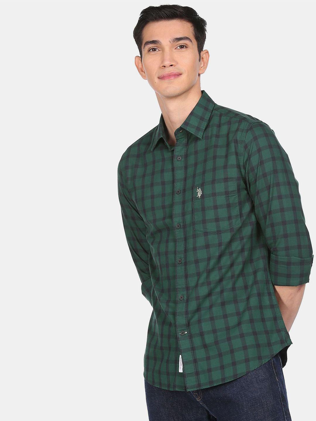 u-s-polo-assn-men-green-and-black-checked-regular-fit-100%-cotton-casual-shirt