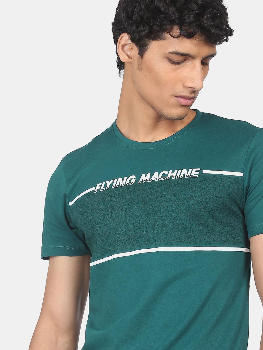 Flying Machine Men Teal Green Typography Printed Pure Cotton T-shirt