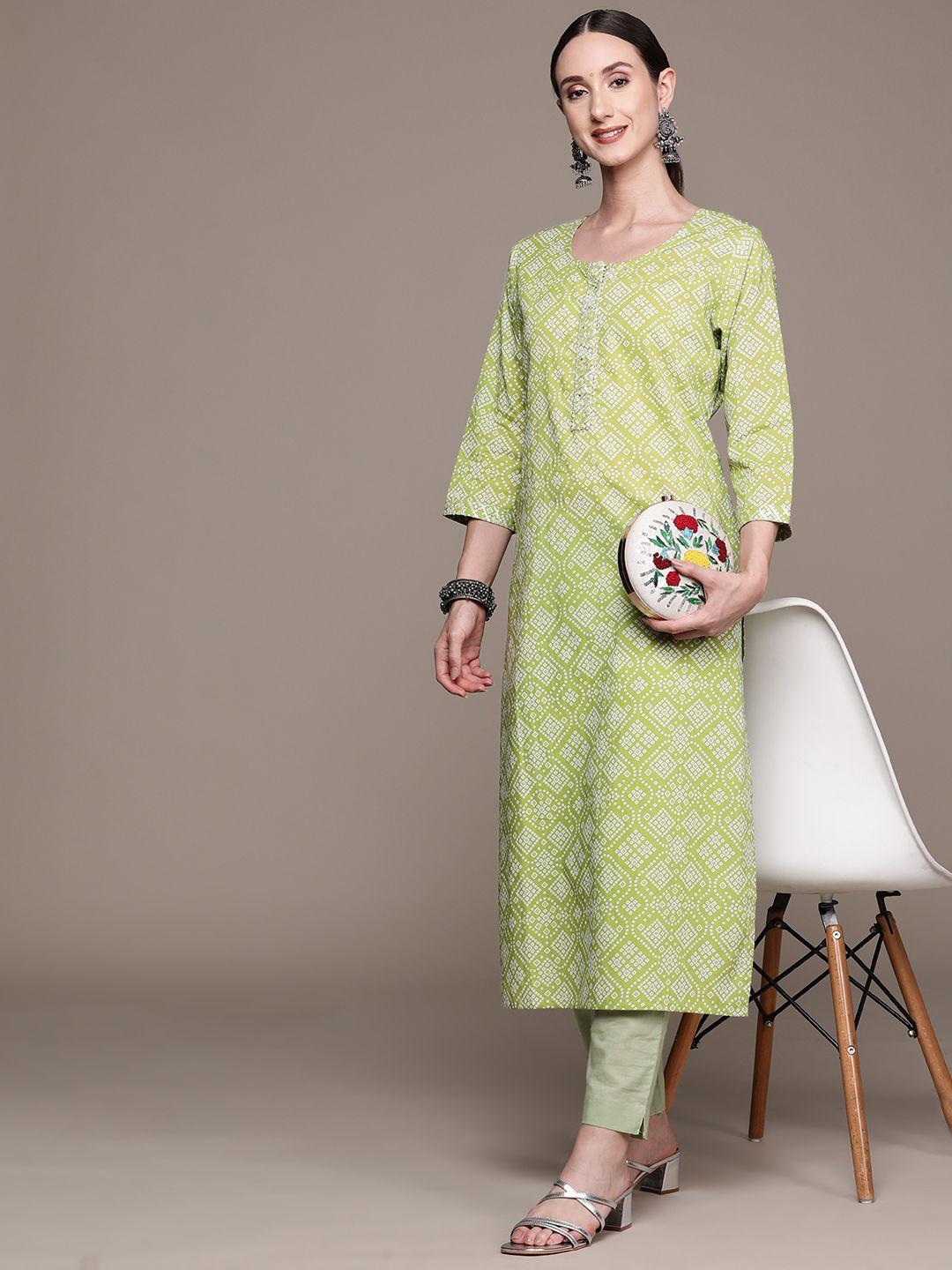 ishin-women-green-&-white-bandhani-printed-gotta-patti-kurta