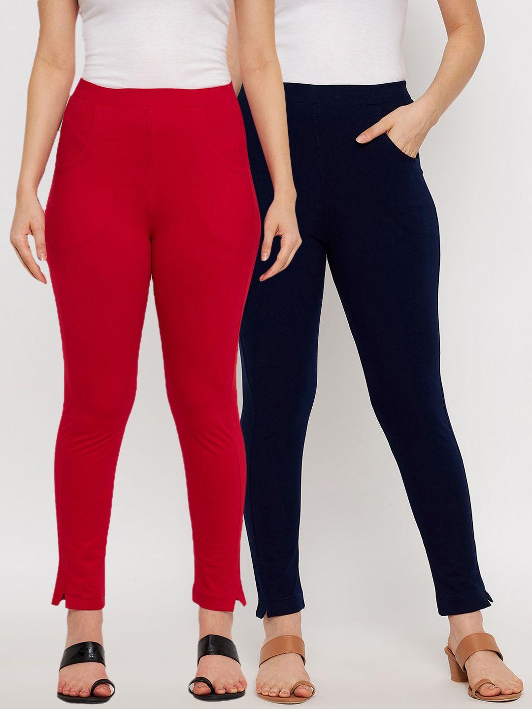 Clora Creation Women Pack of 2 Solid Red and Navy Blue Ankle Length Leggings