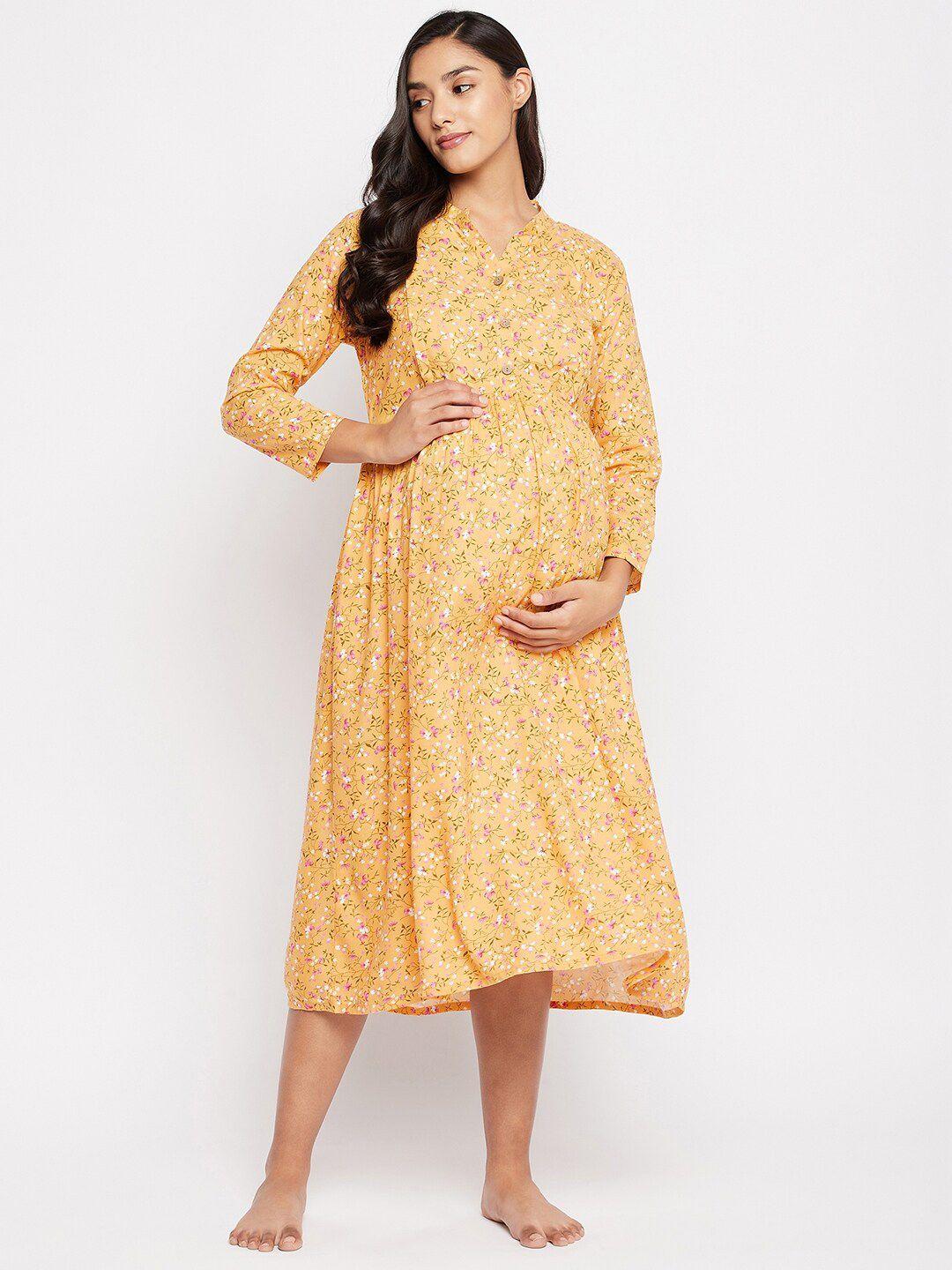 hypernation-women-maternity-yellow-printed-maternity-nightdress