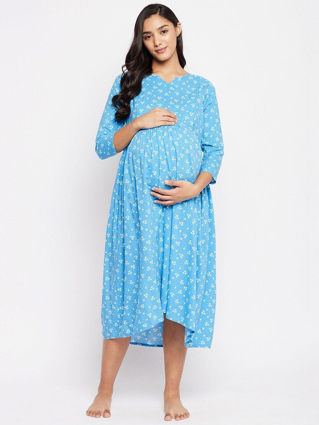 hypernation-women-blue-printed-maternity-nightdress