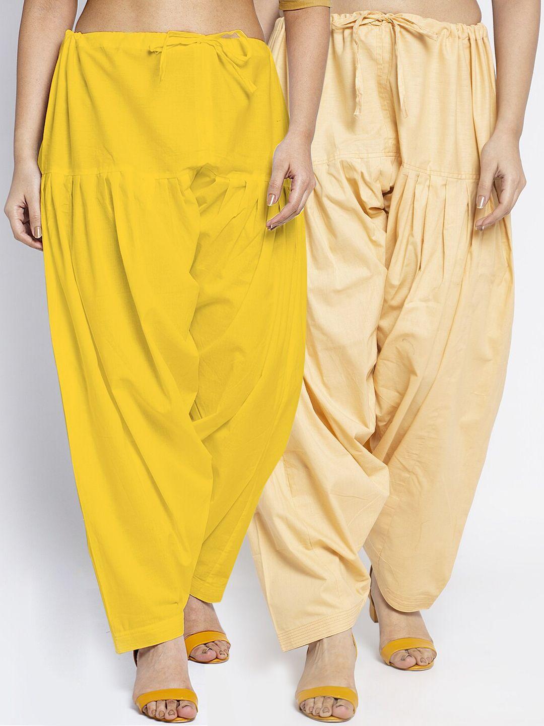 jinfo-women-pack-of-2-yellow-&-beige-solid-cotton-salwar
