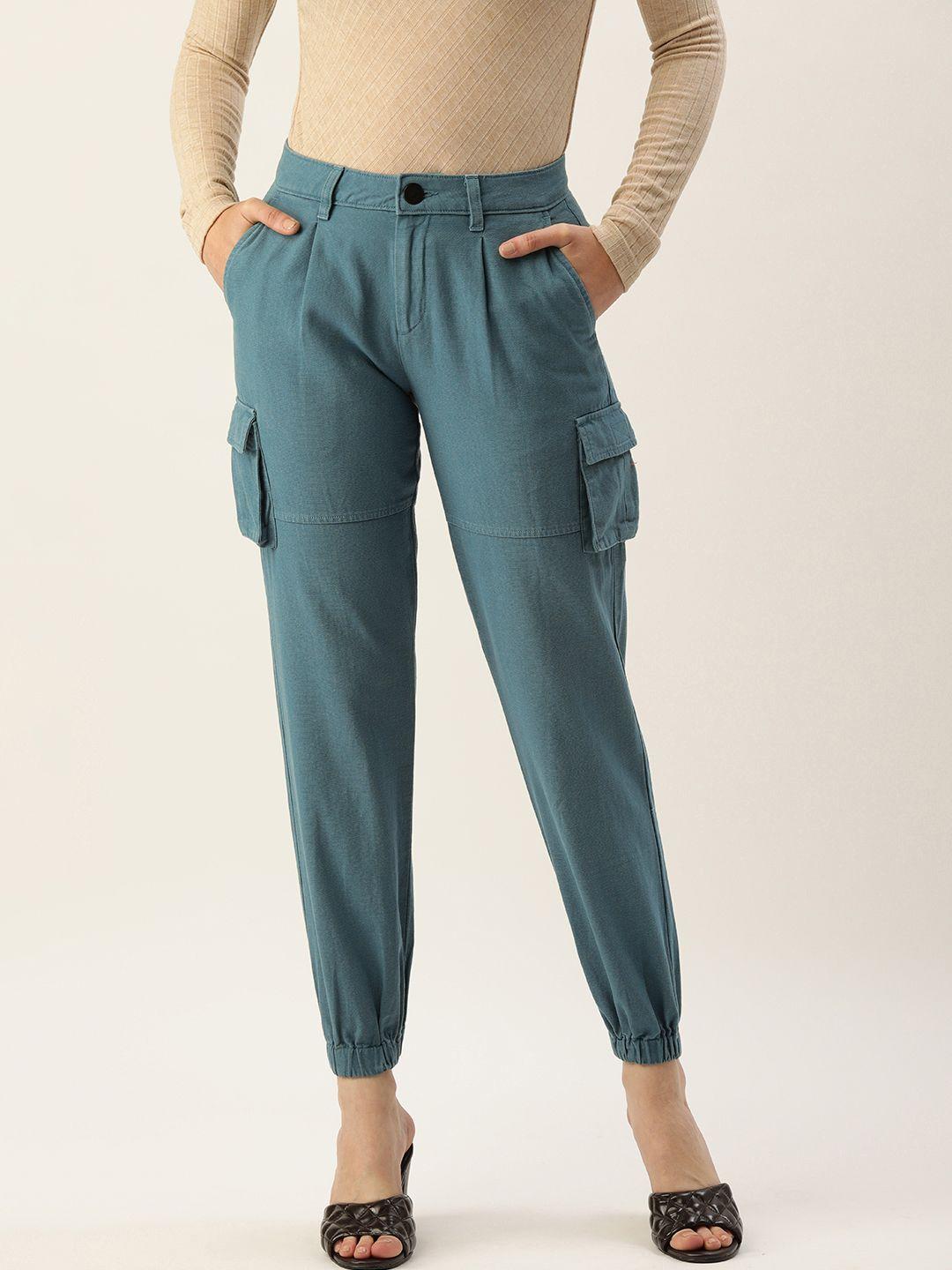 IVOC Women Teal Regular Fit Pleated Cotton Joggers Trousers