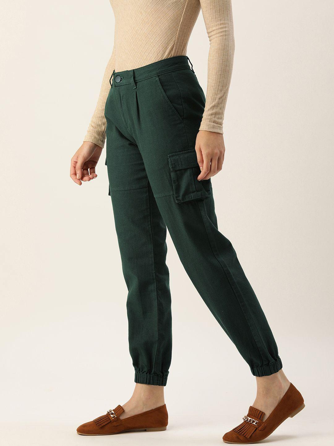 IVOC Women Olive Green Regular Fit Pleated Cotton Joggers Trousers