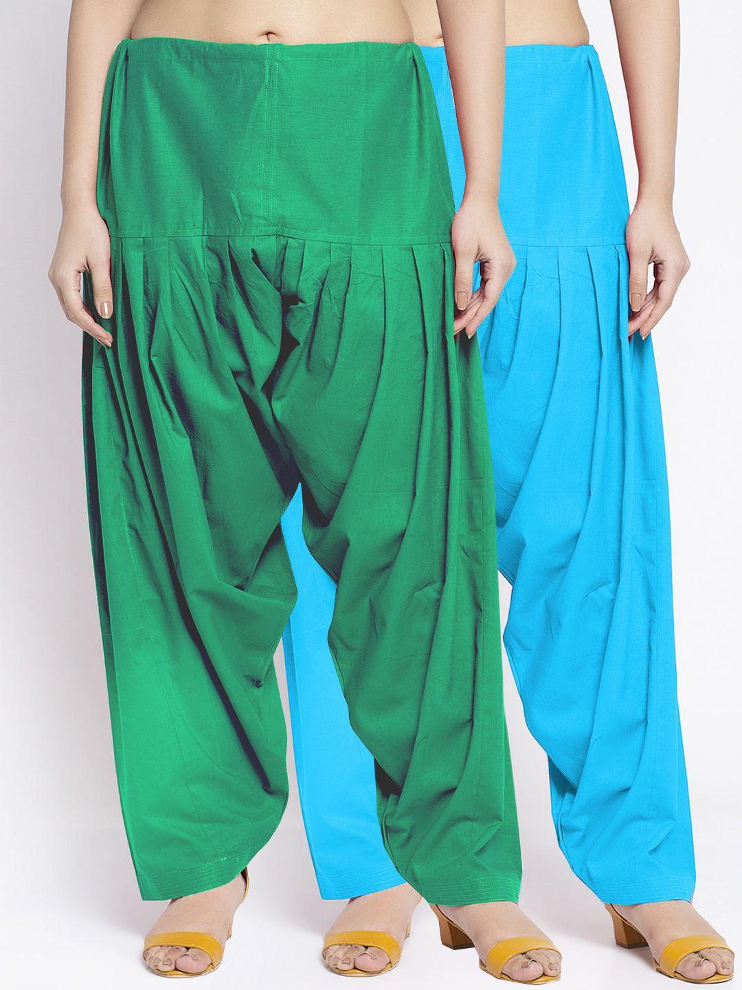 jinfo-women-pack-of-2-green-&-blue-loose-fit-solid-pure-cotton-salwar