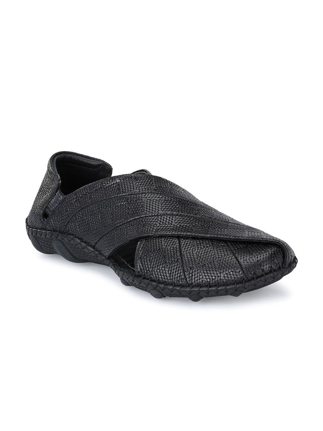 Hitz Men Black Leather Shoe-Style Sandals