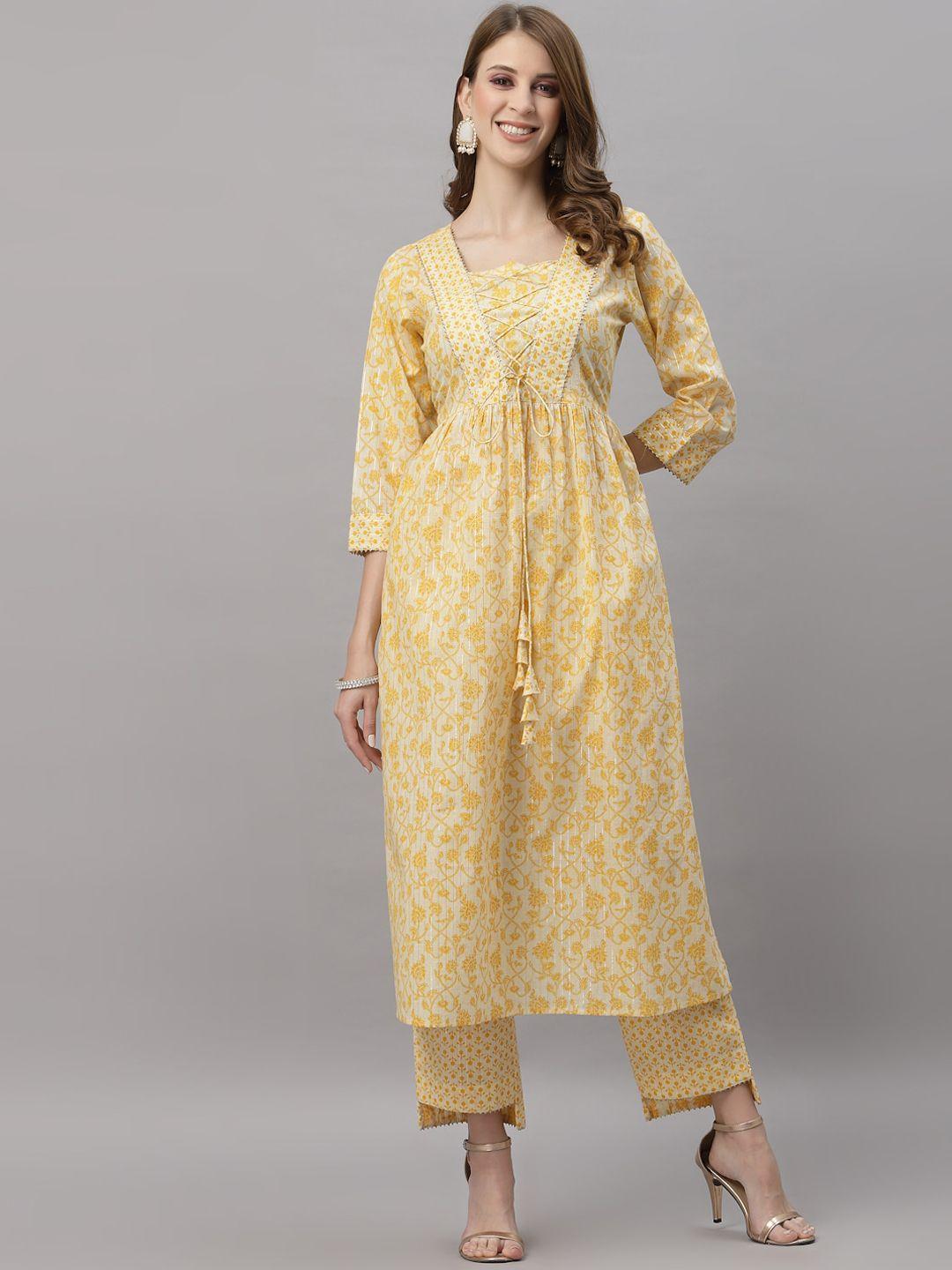 ragavi-women-yellow-floral-printed-pleated-pure-cotton-kurti-with-trousers