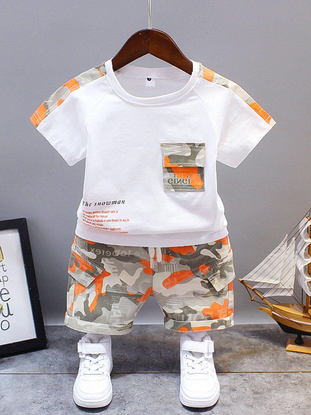 Googo Gaaga Boys Orange & White Printed Pure Cotton T-shirt with Shorts