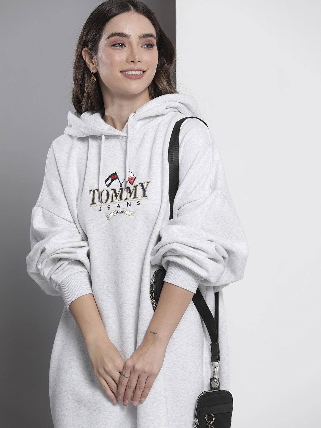 Tommy Hilfiger Grey Oversized Sustainable Brand Logo Embroidery Hooded Jumper Dress