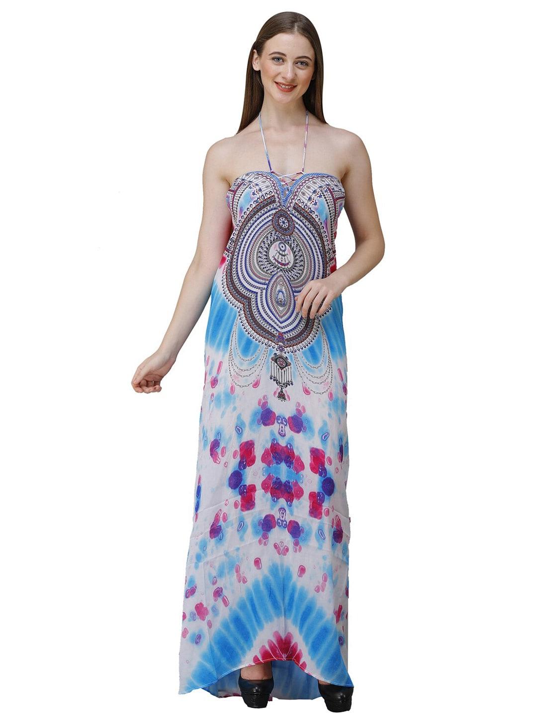 Rajoria Instyle Blue & White Halter Neck Georgette Maxi Dress