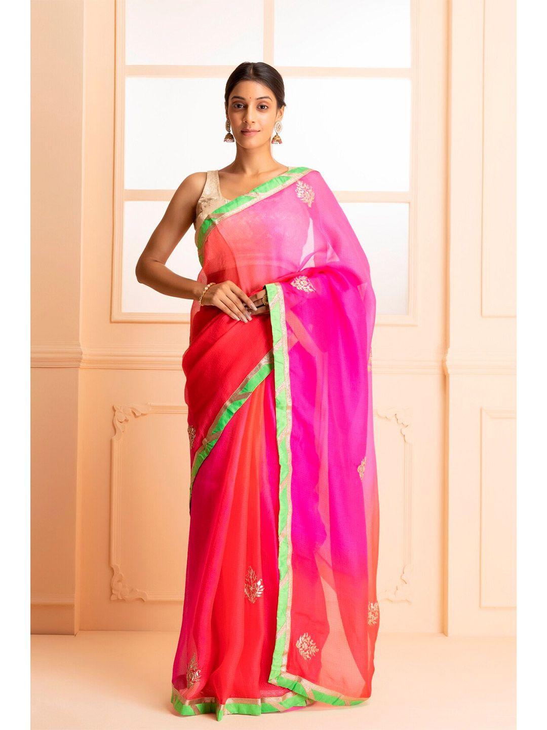 Geroo Jaipur Pink & Green Embellished Gotta Patti Art Silk Kota Saree