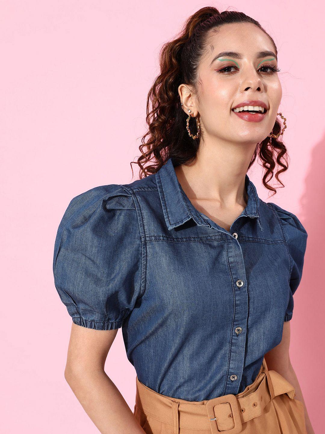 dressberry-indigo-blue-puff-sleeve-chambray-preppy-college-cool-utility-shirt-style-top