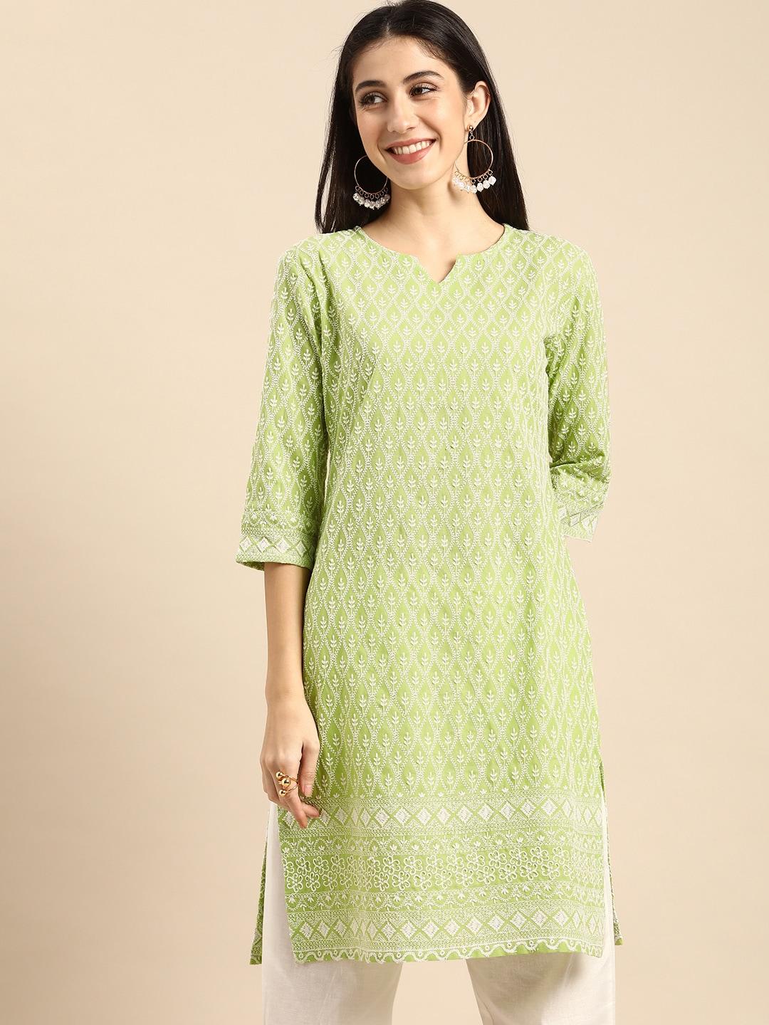 all-about-you-women-lime-green-&-white-ethnic-motifs-embroidered-chikankari-kurta