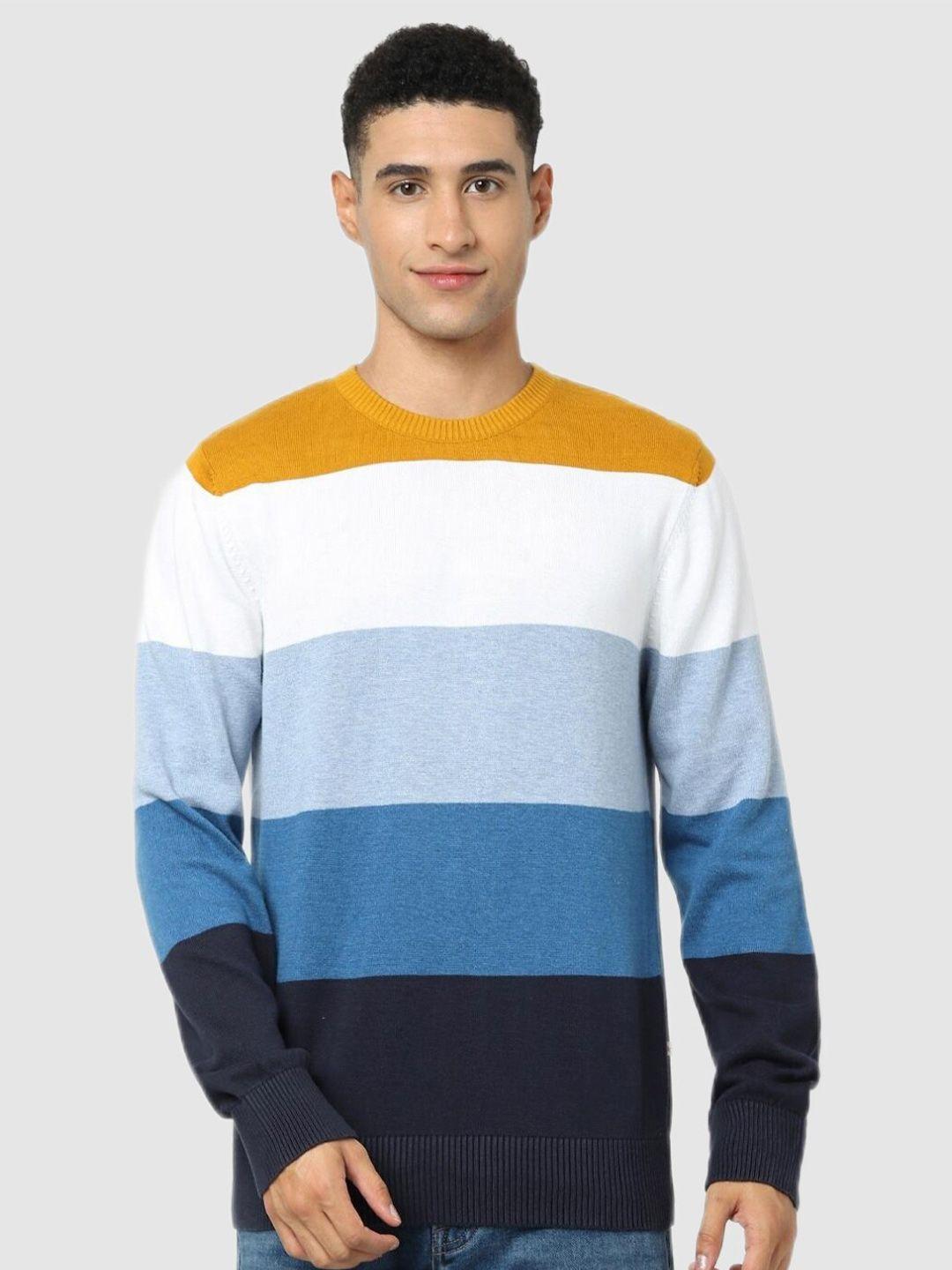 celio-men-blue-&-mustard-colourblocked-pullover
