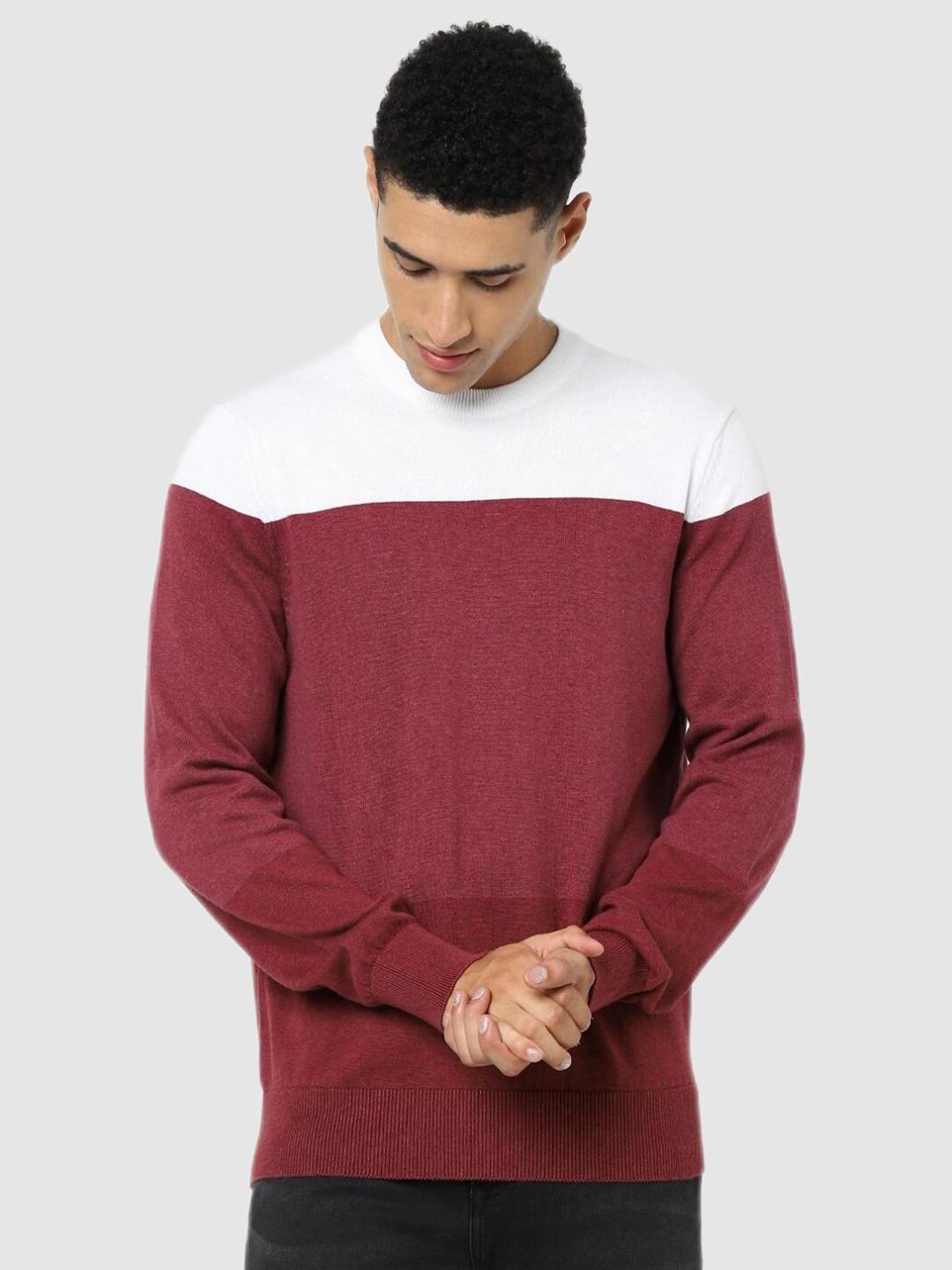 celio-men-maroon-&-white-colourblocked-pullover