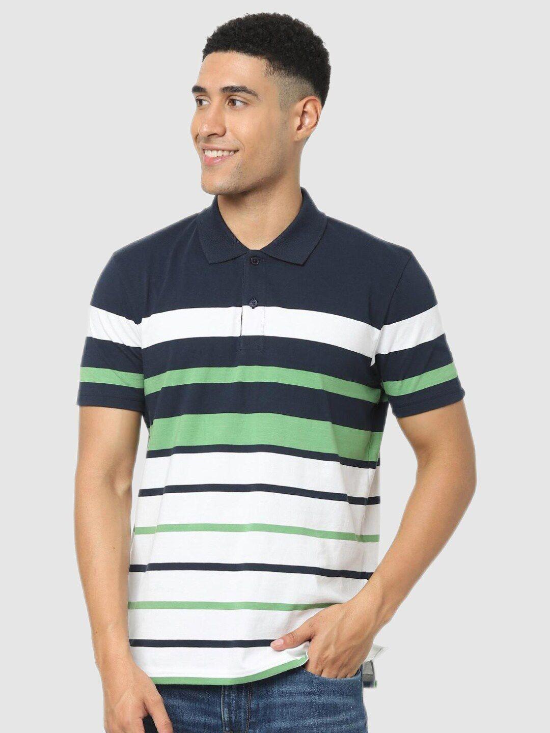 Celio Men Navy Blue & White Striped Polo Collar T-shirt