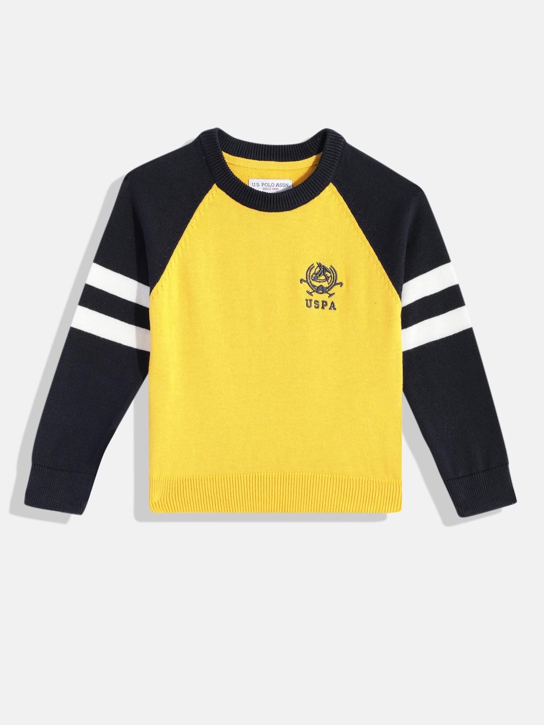 U.S. Polo Assn. Kids Boys Yellow & Navy Blue Colourblocked Pure Cotton Pullover
