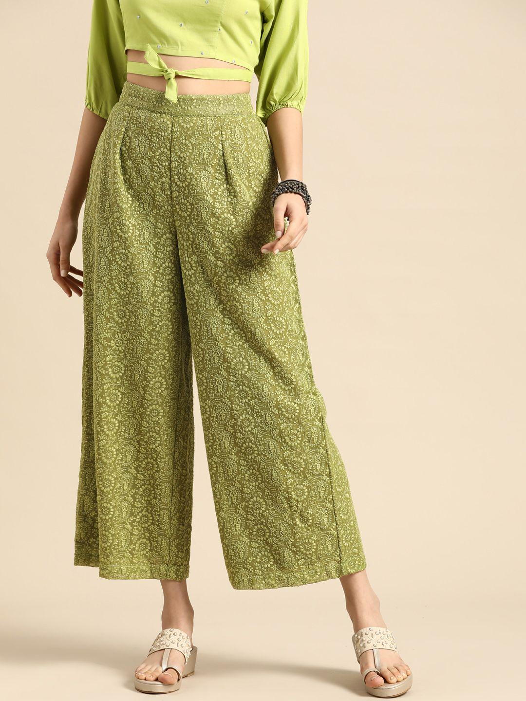 Sangria Women Olive Green Ethnic Motifs Embroidered Cropped Palazzos
