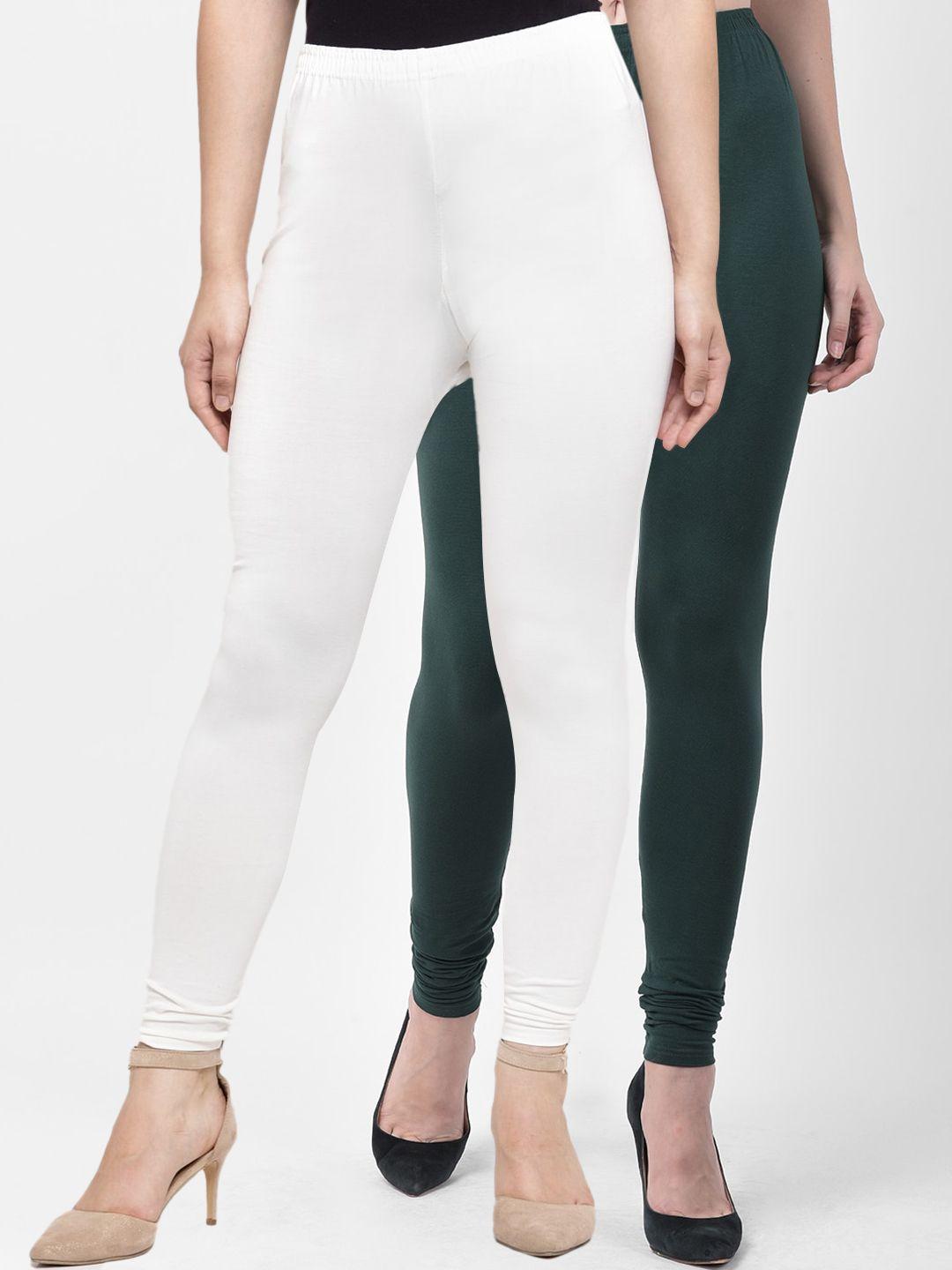 GRACIT Women Pack Of 2 White & Green Solid Ankle-Length Leggings