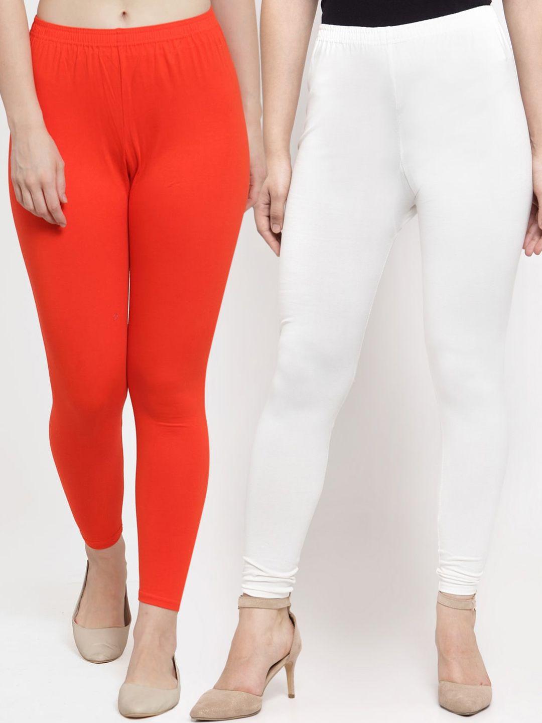 gracit-women-pack-of-2-white-&-orange-colored-solid-ankle-length-leggings