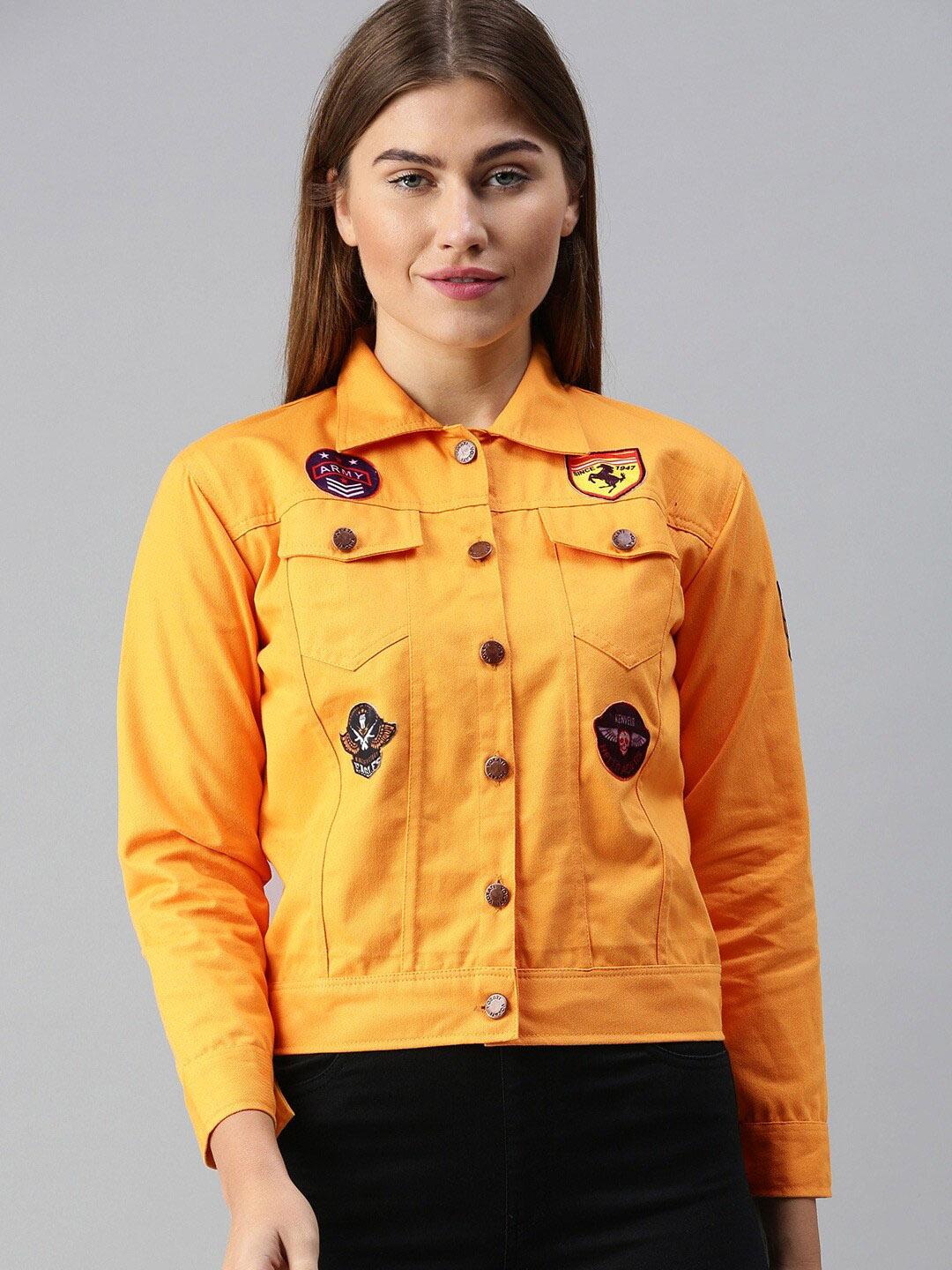 VOXATI Women Yellow Floral Crop Denim Jacket with Patchwork
