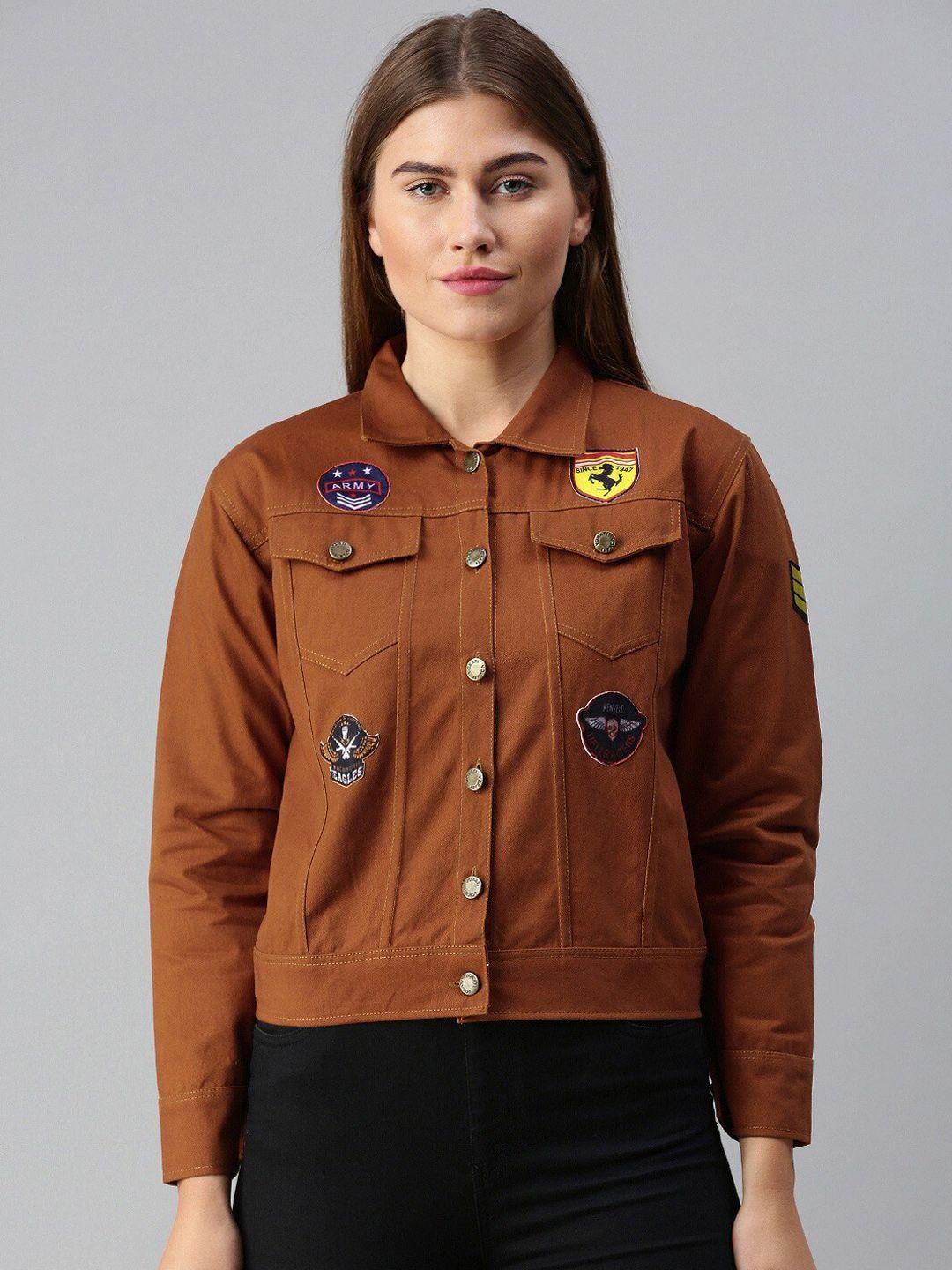 VOXATI Women Tan Brown Printed Crop Tailored Jacket